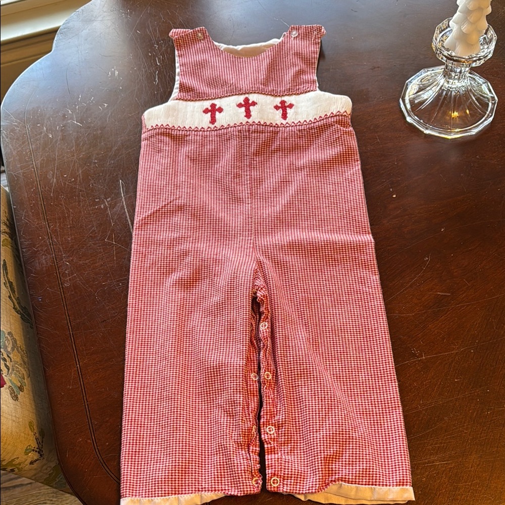 Red Gingham Baby Romper with Cross Embroidery